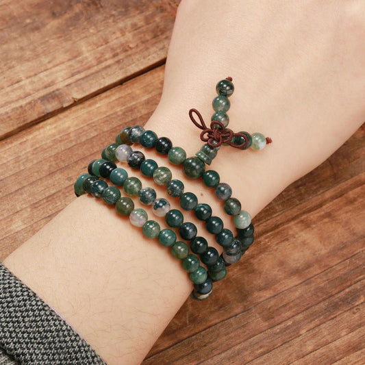 Jovivi 108 Mala Beads Bracelet 6mm 8mm Natural Indian Agate/Green Moss Agate Gemstone Healing Crystal Stone Beaded Bracelet Hand Knotted Prayer Mala Beads Necklace for Yoga Meditation Balance