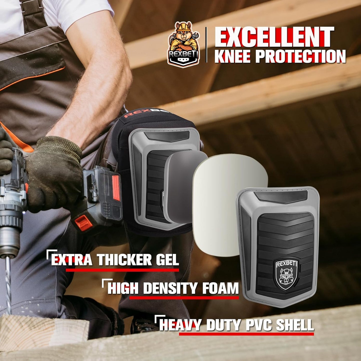 REXBETI Knee Pads for Work, Construction Knee Pads for Men, Heavy Duty Comfortable Anti-slip Foam Gel Knee Pads for Gardening Flooring and Cleaning, Strong Stretchable Straps, Orange