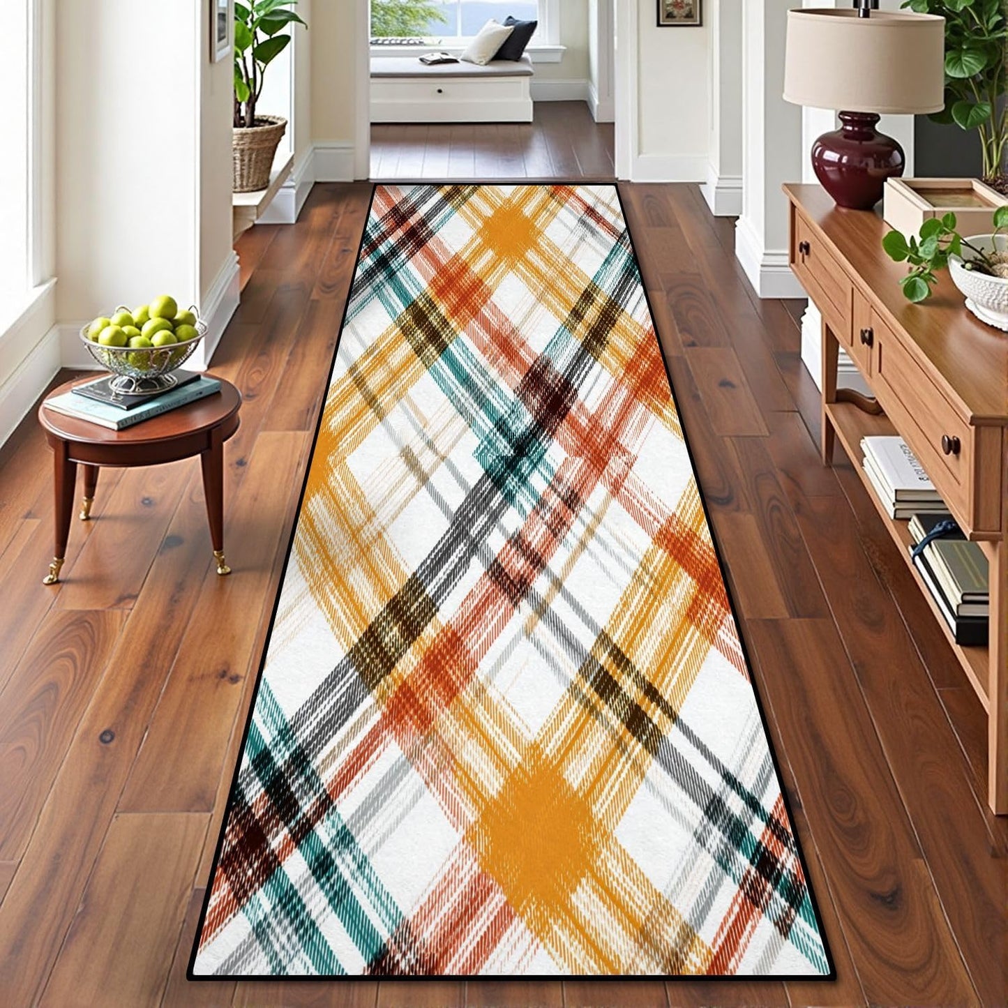Runner Rug Washable 2x6 White Navy Blue Green Tartan Plaid Scottish Texture from Tartan Plaid Non-Slip Hallway Area Rug Indoor Outdoor Home Decor for Entryway Bathroom Kitchen Carpet Yoga Floor Mat