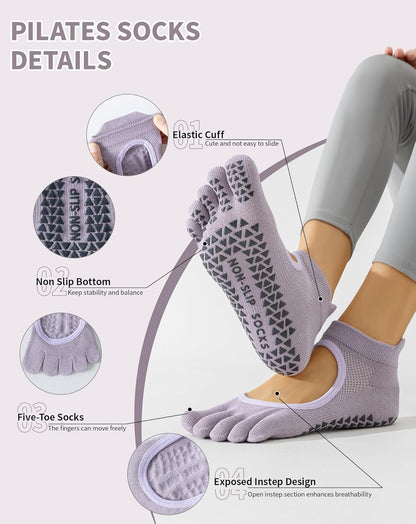 Yawlsow 3 Pairs Pilates Yoga Toe Socks with Grips for Women, Five Toe Non-Slip Socks for Barre Ballet Fitness Hospital