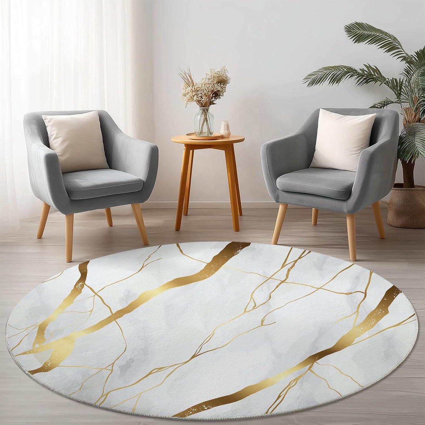 Simple Elegant Style Gold Line Pattern Round Rug 4 ft White Gold Living Room Rug Soft Dining Room Circle Rugs Non Slip Bedroom Mat, Indoor Floor Nursery Carpet for Kitchen Coffee Table Hardwood Floor