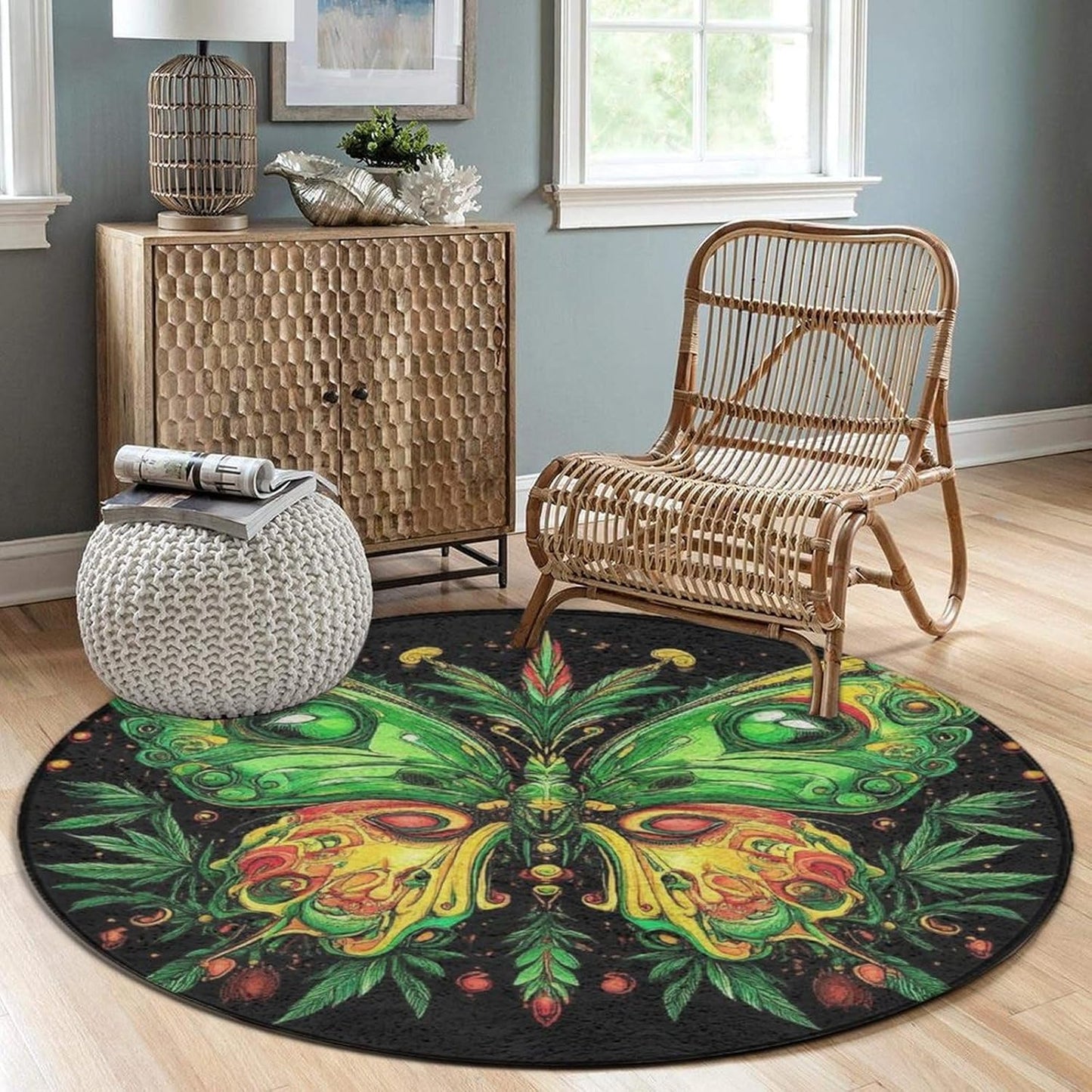 Machine Washable Modern Round Area Rug, Room Sofa Yoga Soft Round Carpet, Home Decor Non Slip Kitchen Office Circle Rug Union Jack Flag UK Mandala Art, 60inch