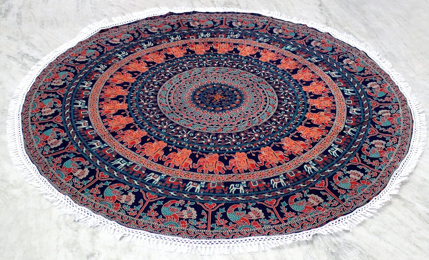Mandala Round Beach Tapestry Boho Hippie Blanket Bohemian Large Table Cloth Home Decor Yoga Mat Meditation Picnic Rug Throw Hippy Gypsy Tablecloth Roundie (42 Inches, Orange And Blue)