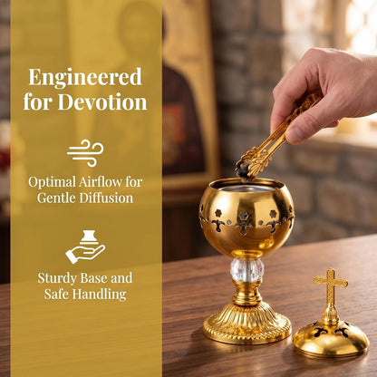TOPZEA Catholic Incense Burner with Tong, Gold Metal Bakhoor Frankincense Resin Burner, Brass Plated Charcoal Incense Censer Stand with Cross for Christian Church, Home, Yoga, Spa Aromatherapy
