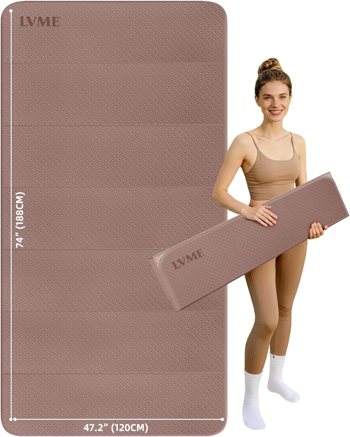 Large Yoga Mat, 75"x48" Extra Wide & Long Yoga Mat, 0.4" Thick Folding Exercise Mat, 2-Person Workout Mat for Home Gym, Extra Large Non-Slip Fitness Mat for HIIT, Yoga, Stretching, Portable Design for Easy Storage (Brown+Apricot)