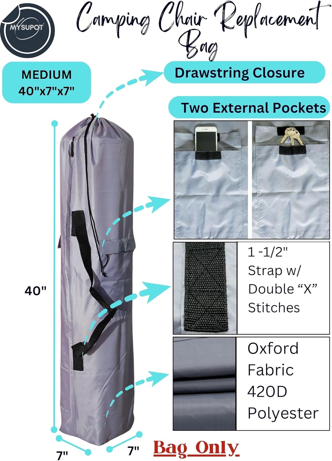 Replacement Bag for Folding Camping Chair, Portable Camp Chair, Hammock, Yoga Mat, Umbrella, Tents, Tripods, Fishing Poles - 420D Oxford Polyester Fabric
