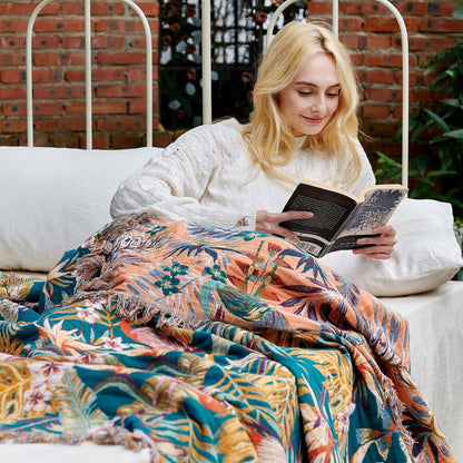 Boho Throw Blanket - 100% Cotton Soft Summer Throw Blanket for Bed, 50"x60" Reversible Breathable Lightweight Blankets, All Seasons Farmhouse Decor Floral Plant Butterfly Throw Quilt