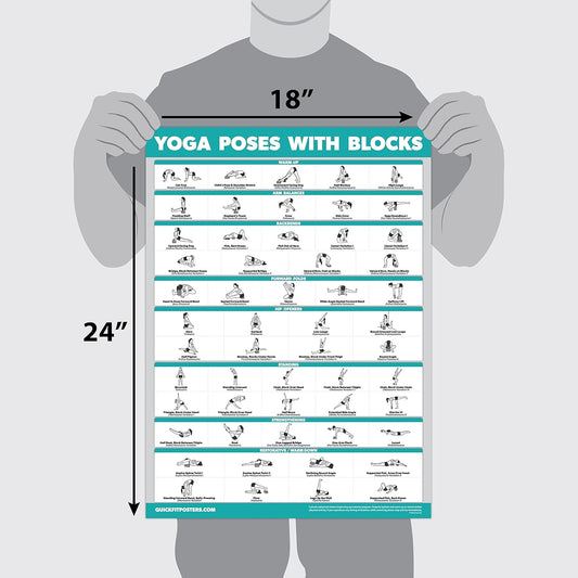 4 Pack - Yoga Block Poses + Pilates Exercise + Yoga Poses Positions + Stretching Posters - Set of Four Fitness Charts
