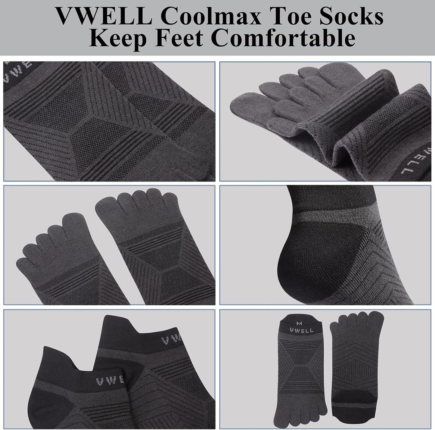 VWELL Toe Socks for Men/Women, COOLMAX Five Finger Socks, High Performance Athletic Toe Socks No Show (3Pairs)
