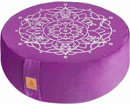 Embroidered Meditation Pillow D=16" H=5.5" Round Velvet Meditation Cushion Yoga Bolster Floor Pouf Zafu Natural Buckwheat hulls Sitting on Floor Removable Organic Cotton Cover Large Kneeling Pillow