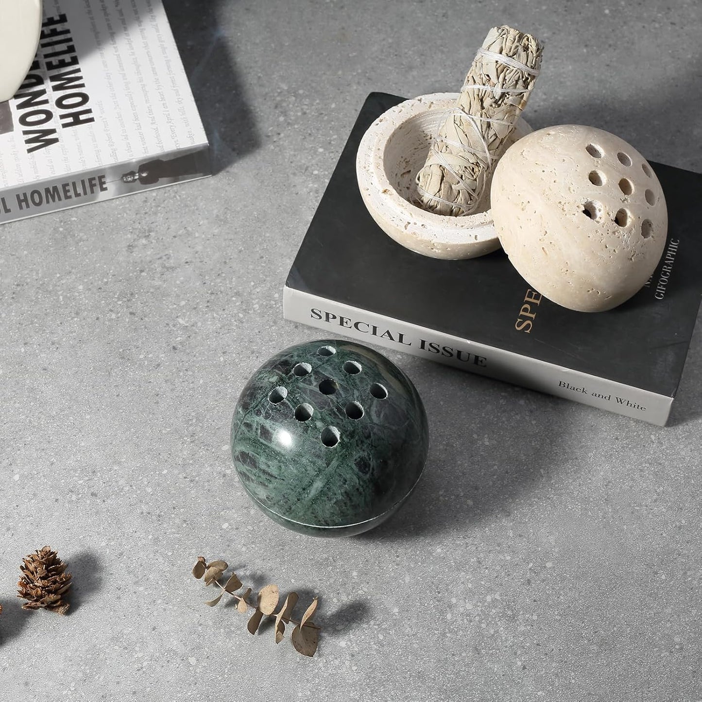 Koville Natural Marble Incense Holder, Incense Holder for Sticks with 9 Holes, Handmade Incense Burner Ash Catcher for Meditation Yoga SPA, Balsam Fir/Palo Santo/Sage/Cone (RoyalBeige)