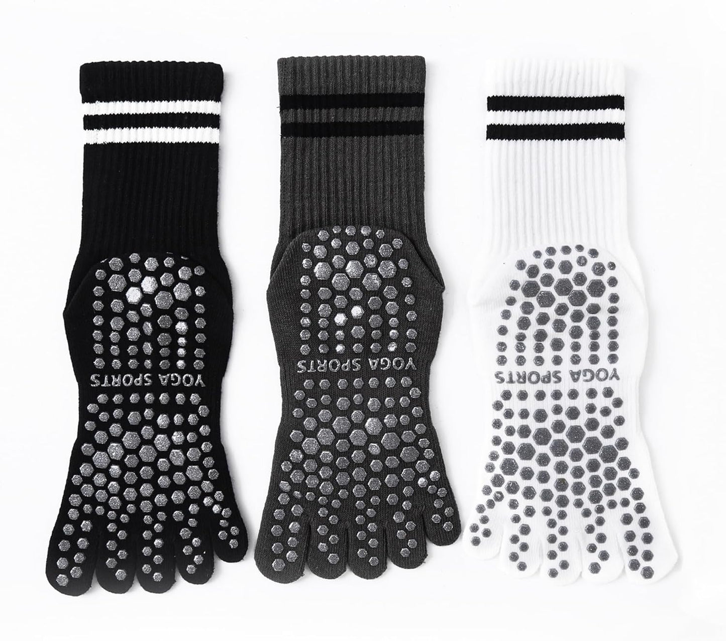 3Pairs Grippy Yoga Socks for Women – Full Toe Cotton Crew Pilates Socks with Non Slip Sticky Grip Bottom,Gifts for Yoga,Barre,Pilates,Dance,Exercises and indoor walking.(Black/Grey/White)