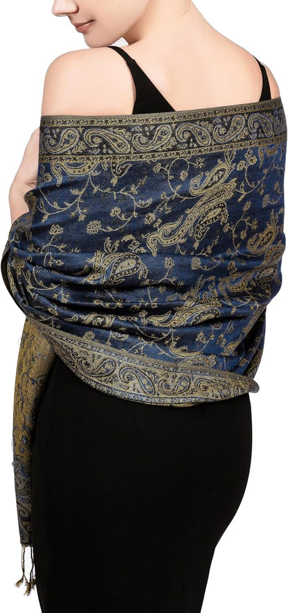 Achillea Reversible Paisley Pashmina Rave Scarf – Exotic Indian Shawls and Wraps for Evening Dresses, Festivals, All Seasons - Colors B
