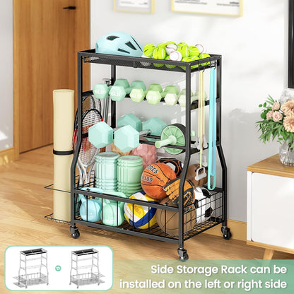 Home Gym Storage Rack, Dumbbell Rack with Yoga Mat Storage, Weight Rack Stand with Lockable Wheels and Hooks, Home Workout Equipment Organizer for Yoga, Dumbbell, Kettlebells, Ball Storage