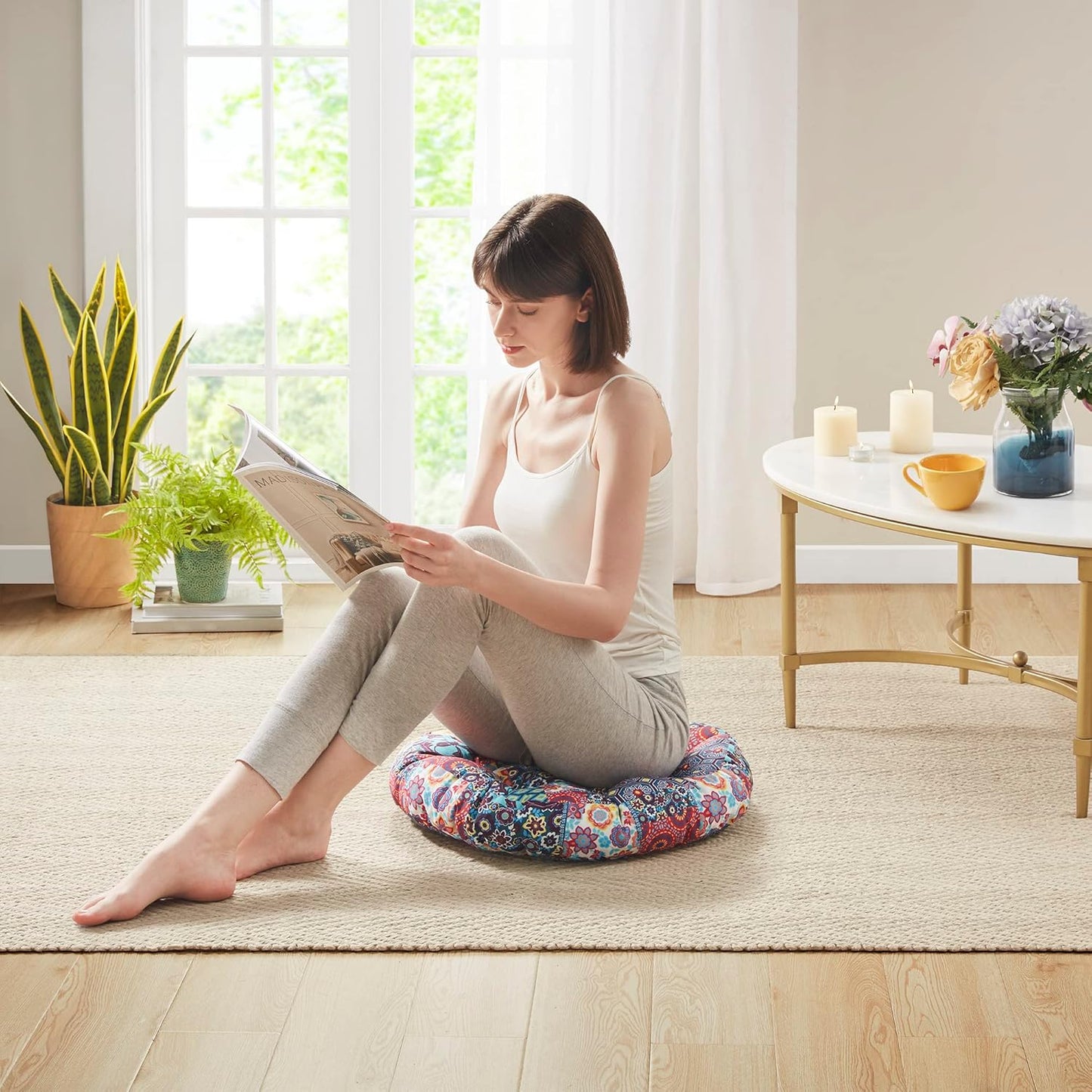 Codi Boho Floor Pillow, Large Meditation Cushion for Adults, Square Pillows Seating for Yoga Living Room Tatami Sitting Home Decor, Memory Foam Added, 22x22 Inch, Multi Patchwork