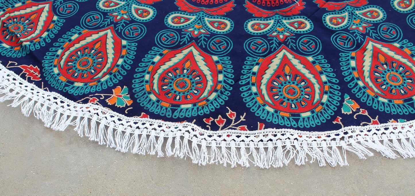 Mandala Round Beach Tapestry Boho Hippie Blanket Bohemian Large Table Cloth Home Decor Yoga Mat Meditation Picnic Rug Throw Hippy Gypsy Tablecloth Roundie (42 Inches, Orange And Blue)