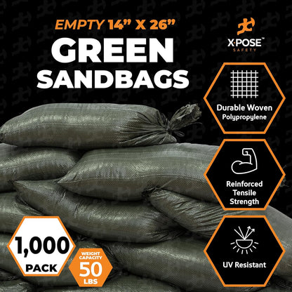 Xpose Safety Heavy Duty Sand Bags with Tie Strings – Empty Woven Polypropylene Sandbags for Hurricane Flood Protection, 50 lb Capacity, 14" x 26", White, Pack of 10