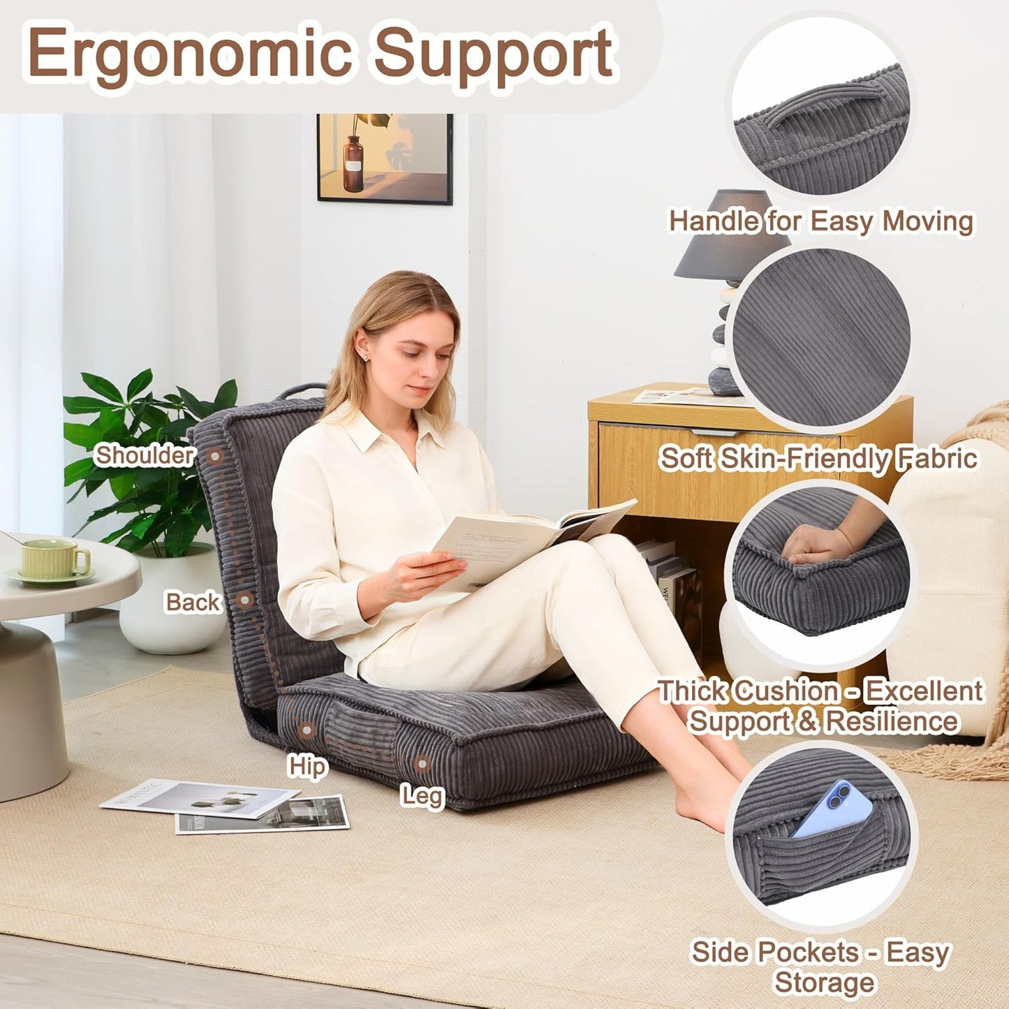 Adjustable Floor Chair with Back Support, 6-Position, Folding Japanese Meditation Tatami Chair, Comfy Gaming Chairs for Adults, Accent Sofa Reading Chairs, Living Room, Bedroom, Coffee