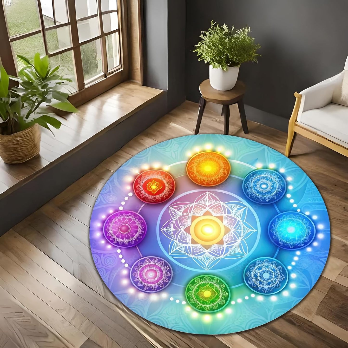 Chakra Round Area Rug, Non-Slip Meditation & Yoga Carpet for Living Room, Meditation Round Area Rugs, Modern Circular Bedroom Rug 57