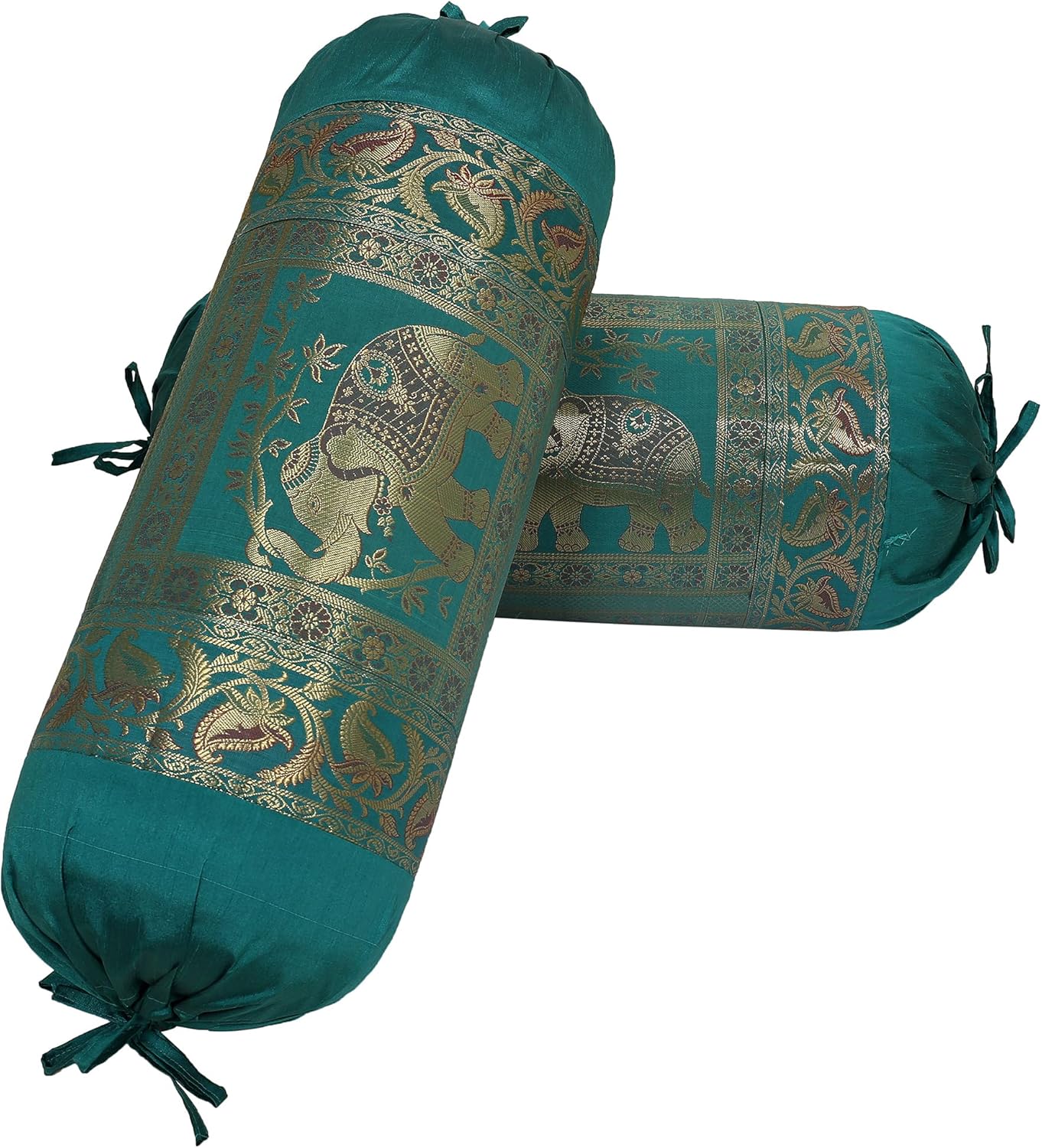 Ethnic Jacquard Brocade Silk Bolster Tube Pillow Covers Elephant Dark Green Yoga Massand Living Room Decorative Cylindrical Hotdog Traditional Throw Pillowcase 76x38 cm - Set of 2 Pcs