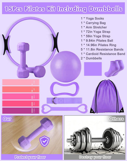 13/15Pcs Pilates Kit for Women, Pilates Equipment for Home Workouts with Magic Circle, Ball, Resistance Bands, Pilates Starter Set for Strength, Toning and Flexibility