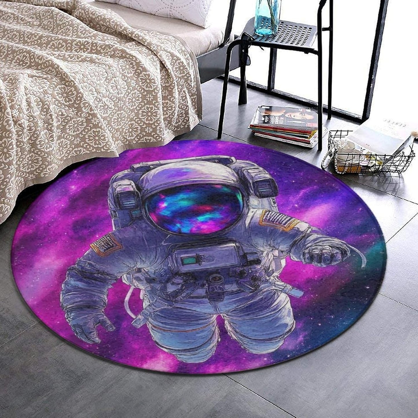 Home Decor Non Slip Kitchen Office Circle Rug, Machine Washable Modern Round Area Rug, Room Sofa Yoga Soft Round Carpet Purple Galaxy Trippy Space Astronaut Art, 36inch