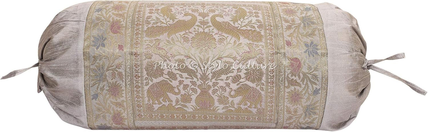 Traditional Polydupion Cylindrical Tube Pillow Bolster Pillow Covers Grey Jacquard Brocade Border Elephant Large Couch Round Cylinder Cushion Covers (Set of 2) | 30x15 Inches (76x38 cm)