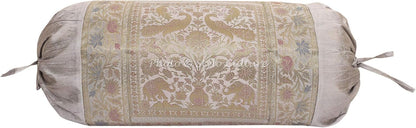 Traditional Polydupion Cylindrical Tube Pillow Bolster Pillow Covers Grey Jacquard Brocade Border Elephant Large Couch Round Cylinder Cushion Covers (Set of 2) | 30x15 Inches (76x38 cm)