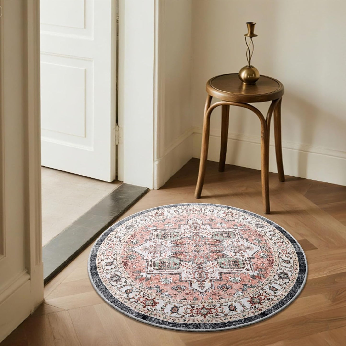 Carvapet 4ft Washable Round Rugs, Modern Abstract Circle Rug, Non Slip Rubber Backing Foldable Low Pile Carpet for Living Room Bedroom, 4ft Red/Orange Rug