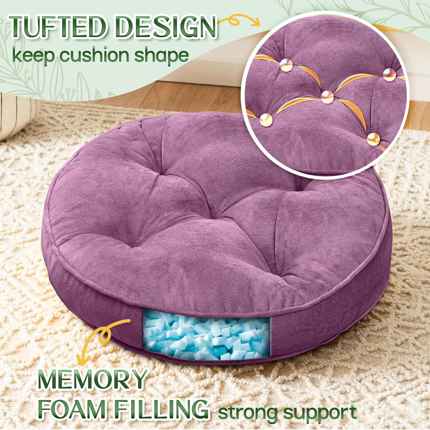 1 MIDDLE ONE Floor Pillow Set of 2, Memory Foam Meditation Cushion, Floor Cushions for Adults Sitting, Large Square Seat Cushions for Yoga, Living Room, 20x20 Inch (Grey)