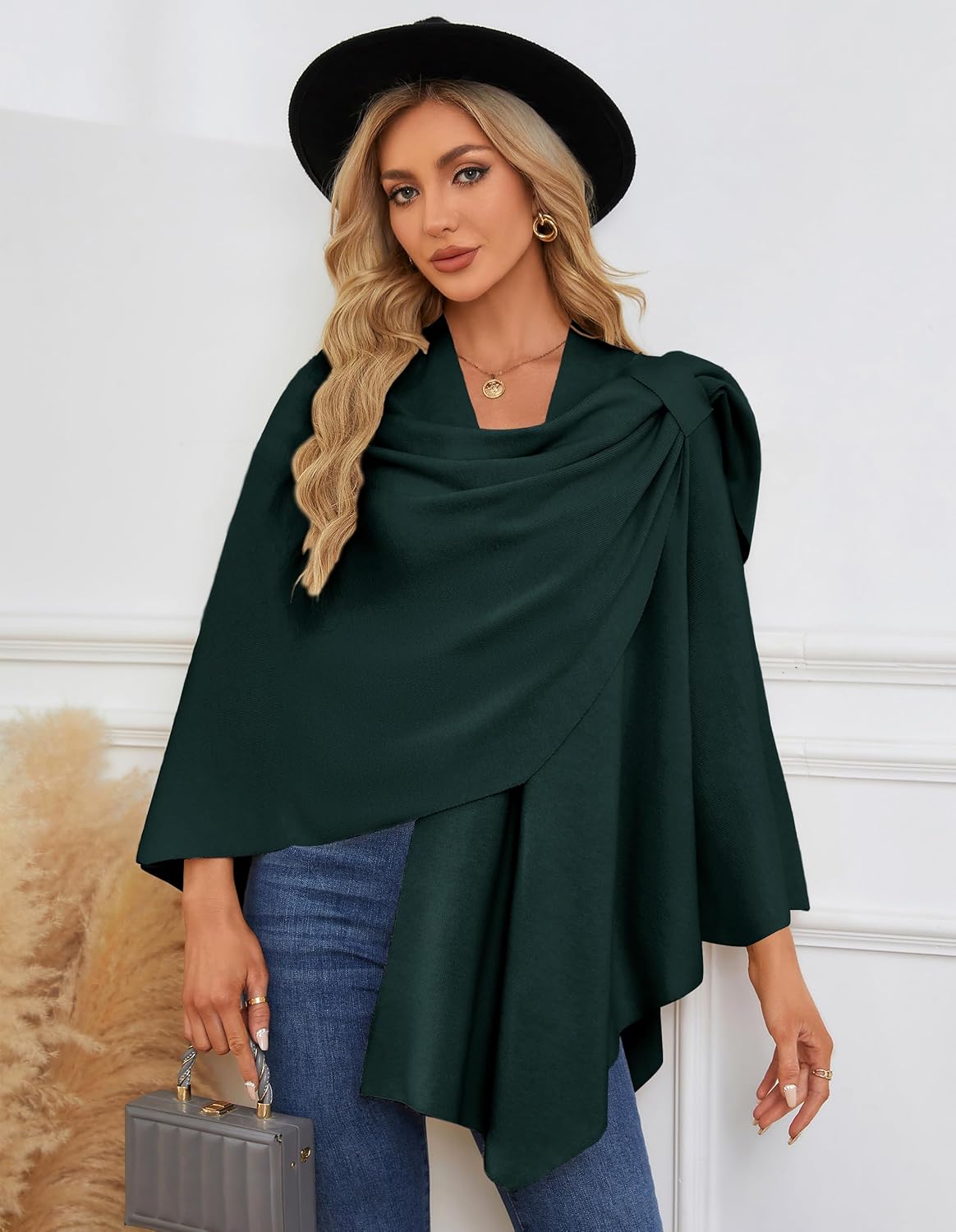 PULI Womens Large Cross Front Poncho Sweater Wrap Topper Knitted Elegant Shawls Cape for Fall Winter