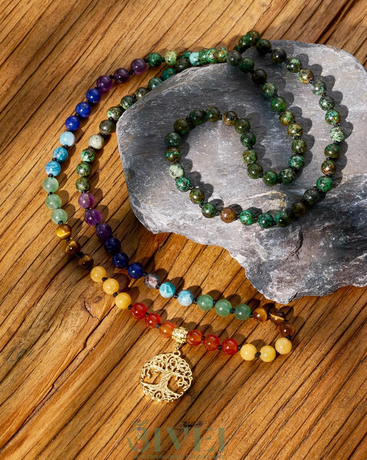 Bivei 108 Mala Beads Necklace Life Tree 7 Chakra Wrap Bracelet Real Healing Gemstone Yoga Meditation Hand Knotted Mala Prayer Bead Necklace