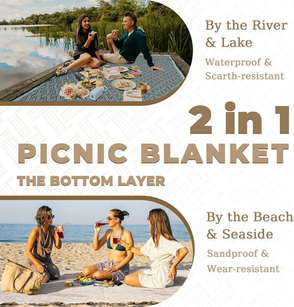 Genovega 2 in 1 Extra Large Rug Outdoor Picnic Blanket Waterproof Woven Boho Mat Giant Beach Towel Travel Essential Yoga Accessories Park Patio Lawn Garden Ground Music Festival Concert Must Have