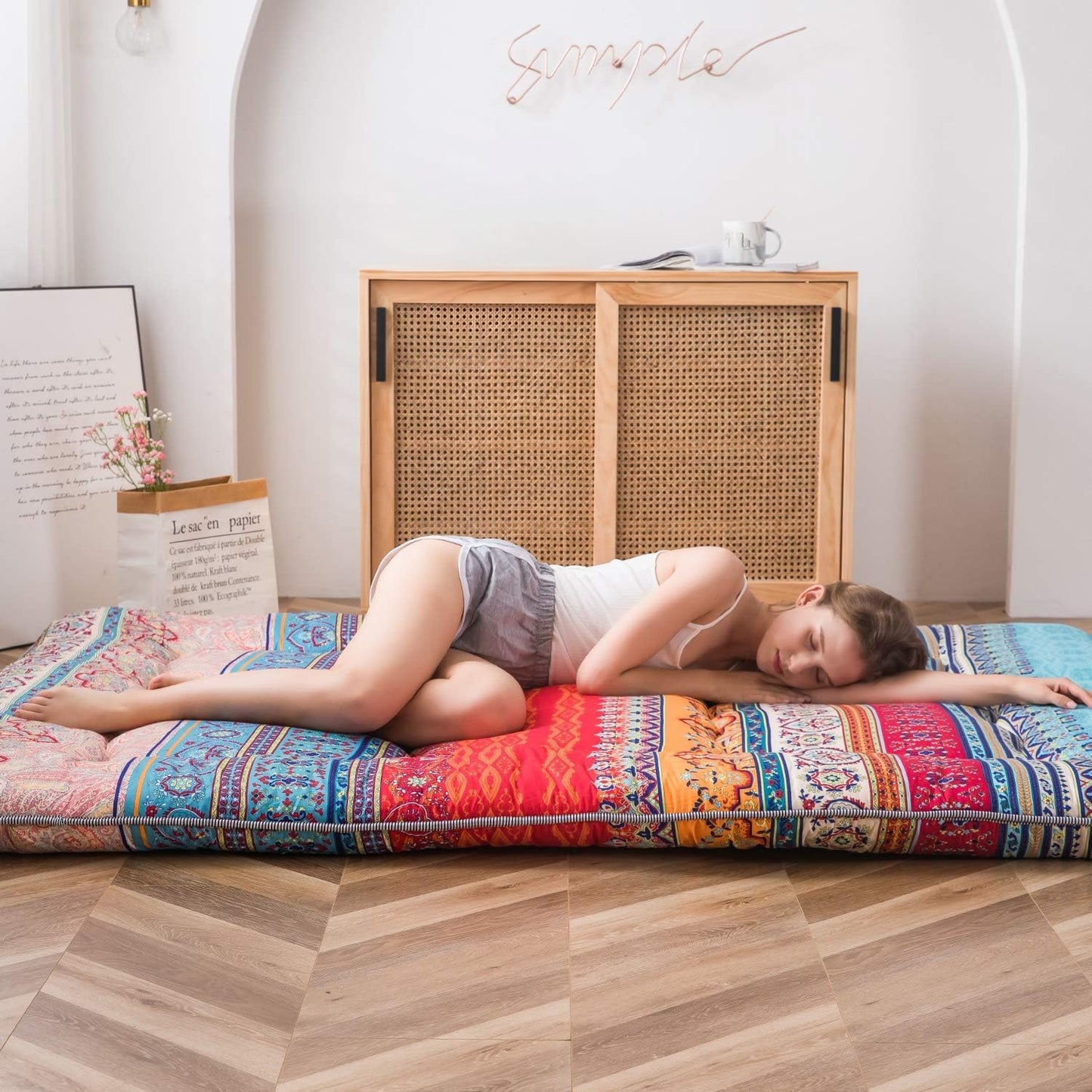 MAXYOYO Bohemian Retro Mattress Boho Floral Japanese Futon Mattress Tatami Floor Mat Foldable Portable Camping, Sleeping Pad, Lounger Couch Bed Full Size