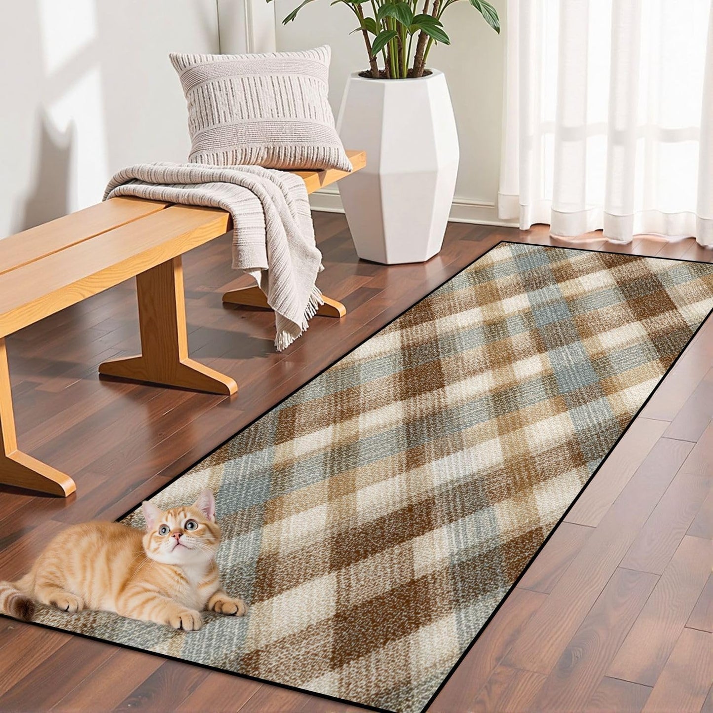 Runner Rug Washable 2x6 White Navy Blue Green Tartan Plaid Scottish Texture from Tartan Plaid Non-Slip Hallway Area Rug Indoor Outdoor Home Decor for Entryway Bathroom Kitchen Carpet Yoga Floor Mat