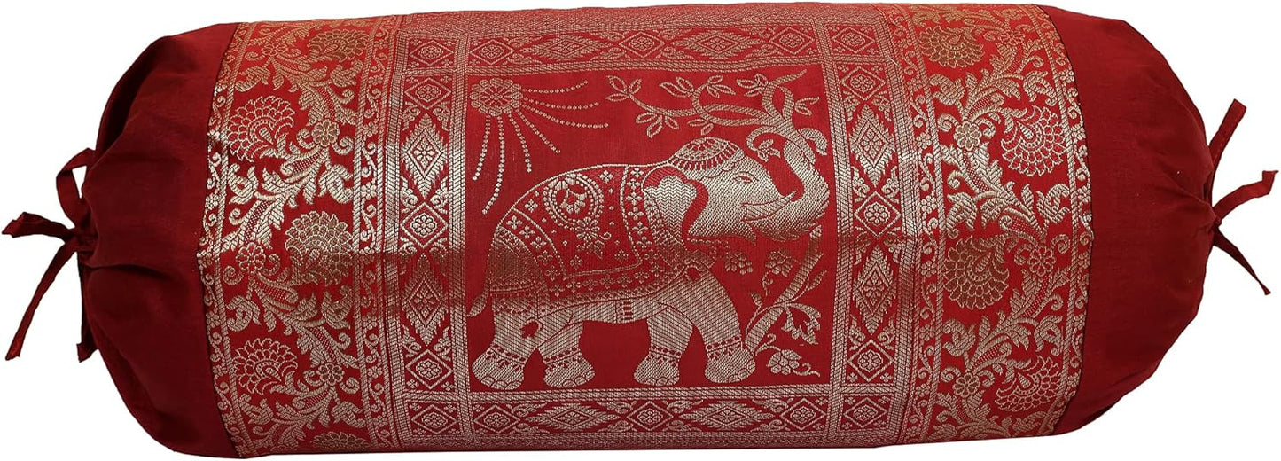 Ethnic Jacquard Brocade Silk Bolster Throw Pillows for Couch Elephant Maroon Yoga Massand Living Room Decorative Cylindrical Hotdog Traditional Throw Pillowcase 76x38 cm - Set of 2 Pcs