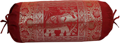 Ethnic Jacquard Brocade Silk Bolster Throw Pillows for Couch Elephant Maroon Yoga Massand Living Room Decorative Cylindrical Hotdog Traditional Throw Pillowcase 76x38 cm - Set of 2 Pcs