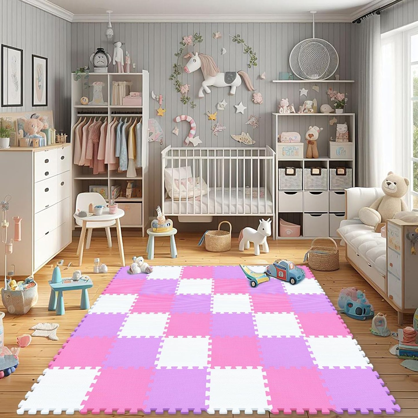 qqpp EVA Rubber 18 Tiles Interlocking Puzzle Foam Floor Mats - Baby Play Mat for Playing | Exercise Mat for Home Workout. White, Pink, Gray. QC-ACLb18N