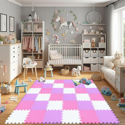qqpp EVA Rubber 18 Tiles Interlocking Puzzle Foam Floor Mats - Baby Play Mat for Playing | Exercise Mat for Home Workout. White, Pink, Gray. QC-ACLb18N
