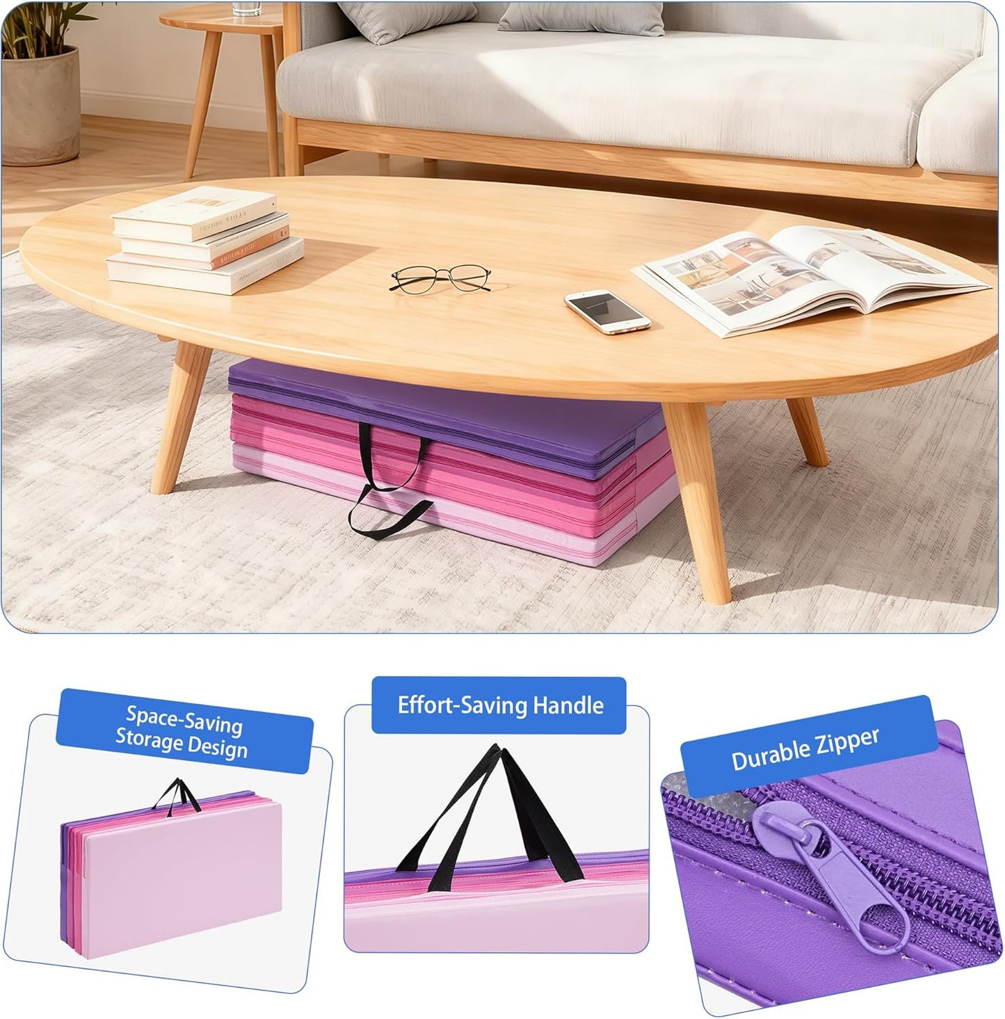 Outdoor Basic 6'x3'x2'' Gymnastics Mats Portable 4-Fold Tumbling Mat Thick Yoga Mat with PU Leather & Carry Handle for Home Workout, Yoga, MMA Core Training, Pilates