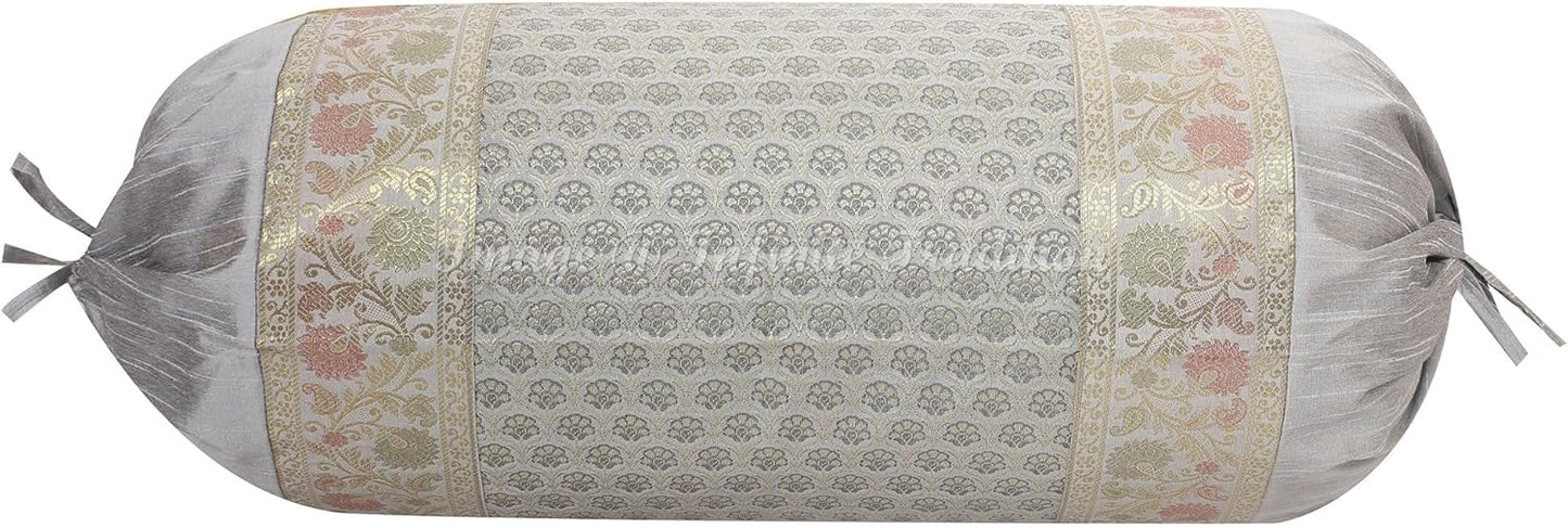 Indian Jacquard Brocade Silk Bolster Tube Pillow Cover Cylindrical Grey Yoga Couch Round Decorative Cushion Cover Home Decor Bordered Small Floral Throw Cushion Cover 30x15 inch (76x38cm) 1 Pc.