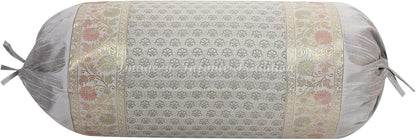 Indian Jacquard Brocade Silk Bolster Tube Pillow Cover Cylindrical Grey Yoga Couch Round Decorative Cushion Cover Home Decor Bordered Small Floral Throw Cushion Cover 30x15 inch (76x38cm) 1 Pc.