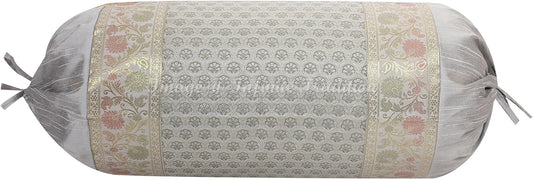 Indian Jacquard Brocade Silk Bolster Tube Pillow Cover Cylindrical Grey Yoga Couch Round Decorative Cushion Cover Home Decor Bordered Small Floral Throw Cushion Cover 30x15 inch (76x38cm) 1 Pc.