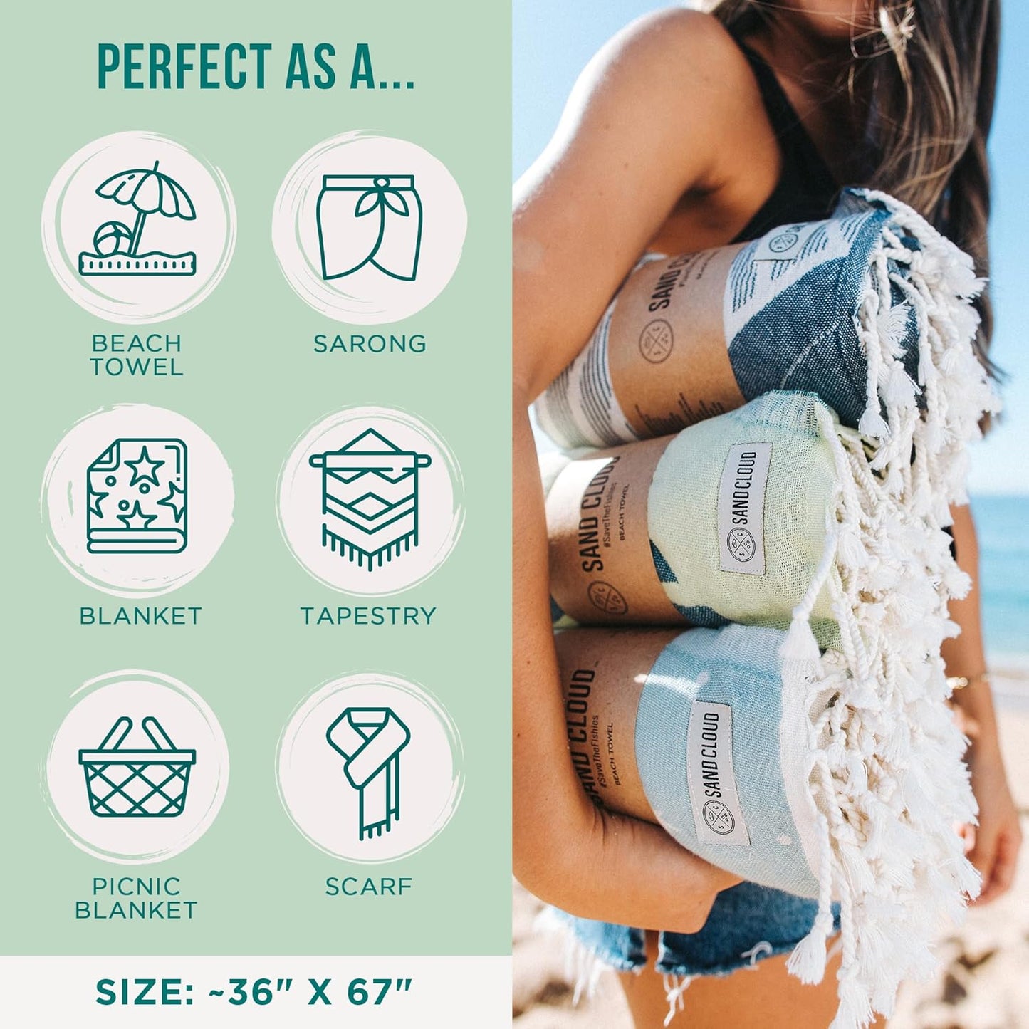 Sand Cloud Turkish Beach Towel - 100% Organic Cotton Turkish Bath Towels - Ultra Soft, Sand Resistant & Quick Dry Towel for Beach or Pool - As Seen on Shark Tank - Cali Dobby (4 Pack Assorted)