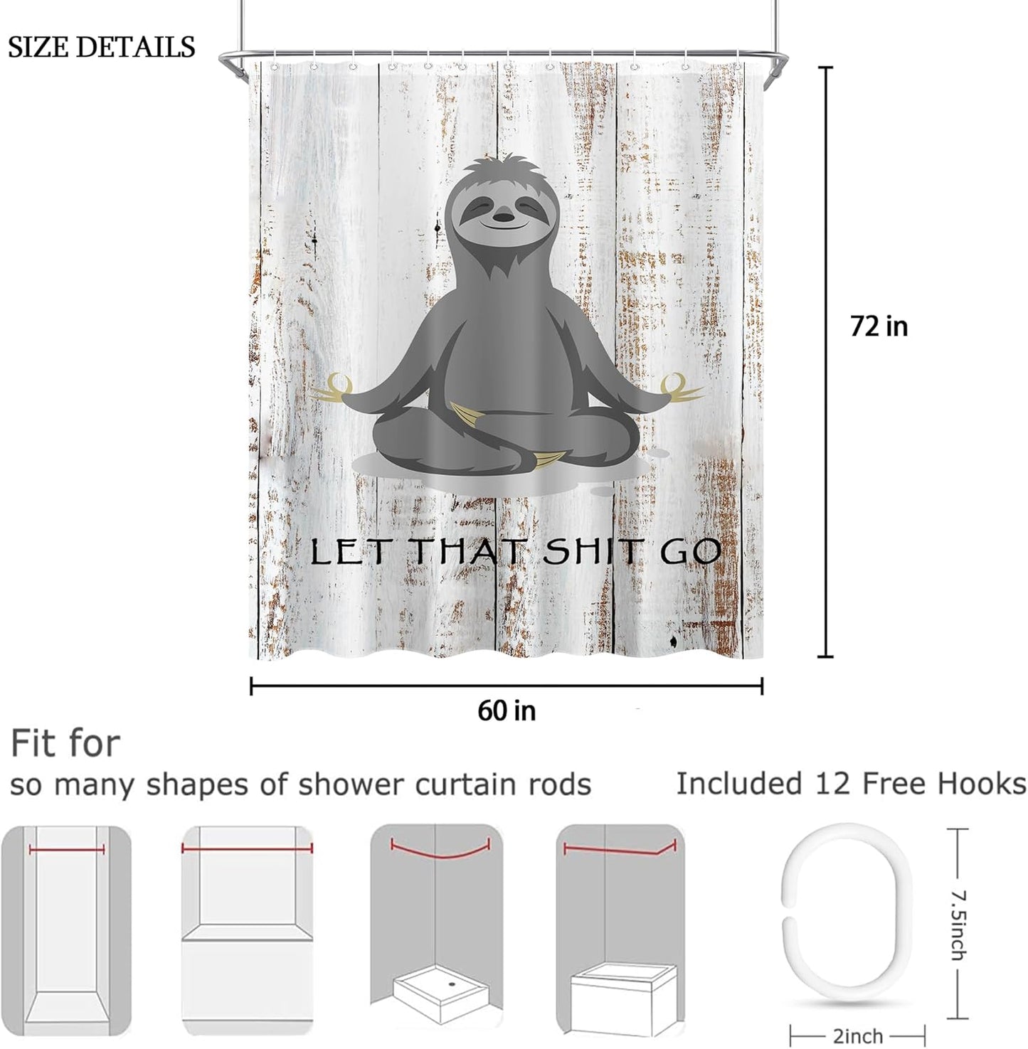 Funny Cute Yoga Sloth Shower Curtain Sets for Bathroom 60Wx72H Fun Animal Inspirational Quotes Shower Curtain Rustic Motivational Bathtub Curtain Wooden Farmhouse Bathroom Decor with 12 Hooks