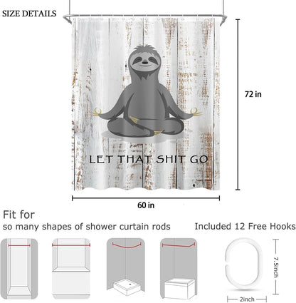 Funny Cute Yoga Sloth Shower Curtain Sets for Bathroom 60Wx72H Fun Animal Inspirational Quotes Shower Curtain Rustic Motivational Bathtub Curtain Wooden Farmhouse Bathroom Decor with 12 Hooks