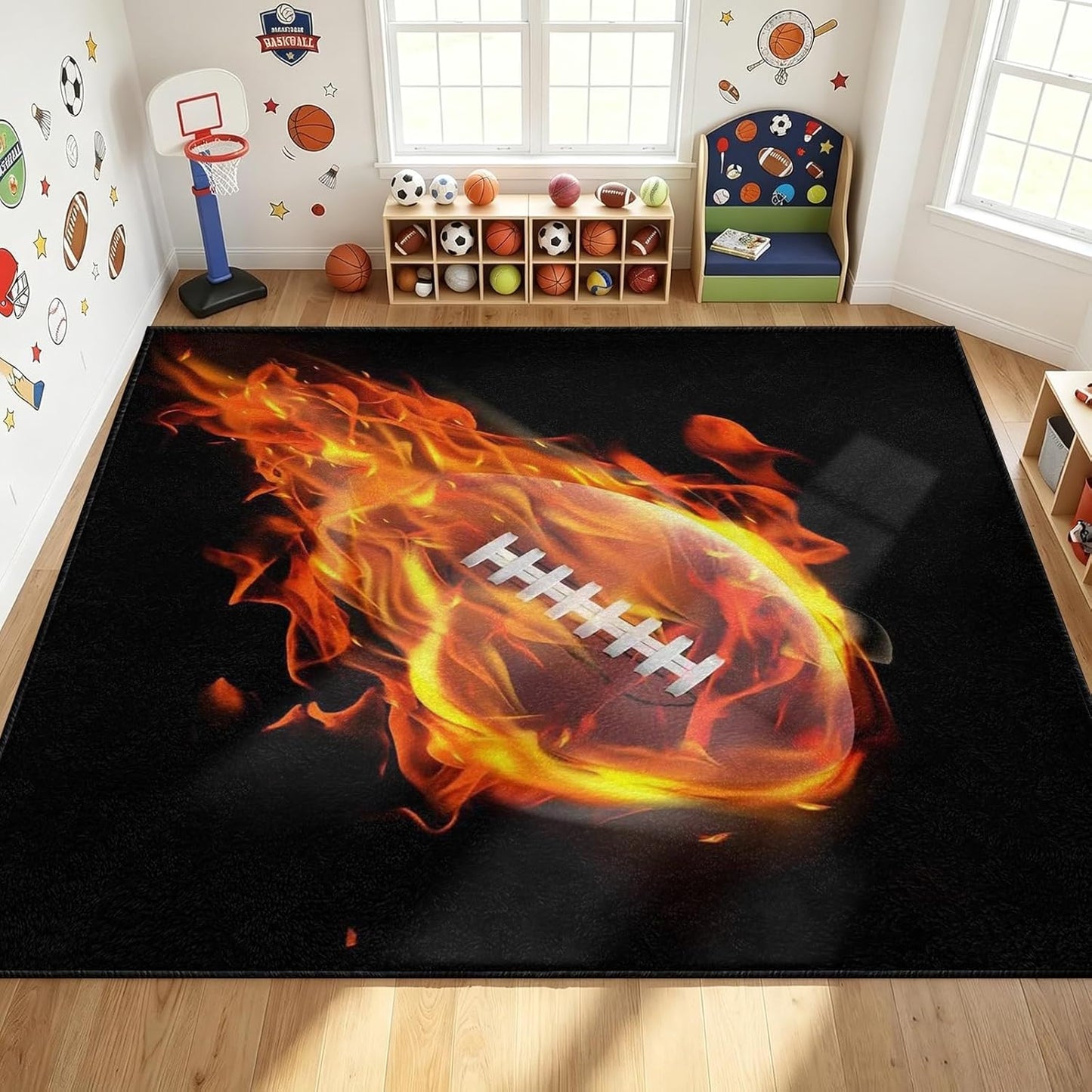 Sports Field Area Rug,5x7ft, Soccer Field Chalked Blackboard Football Stadium Board Painted Non-Slip Soft Carpet Floor Mat Indoor Living Room Bedroom Rugs Yoga Mat Home Decor