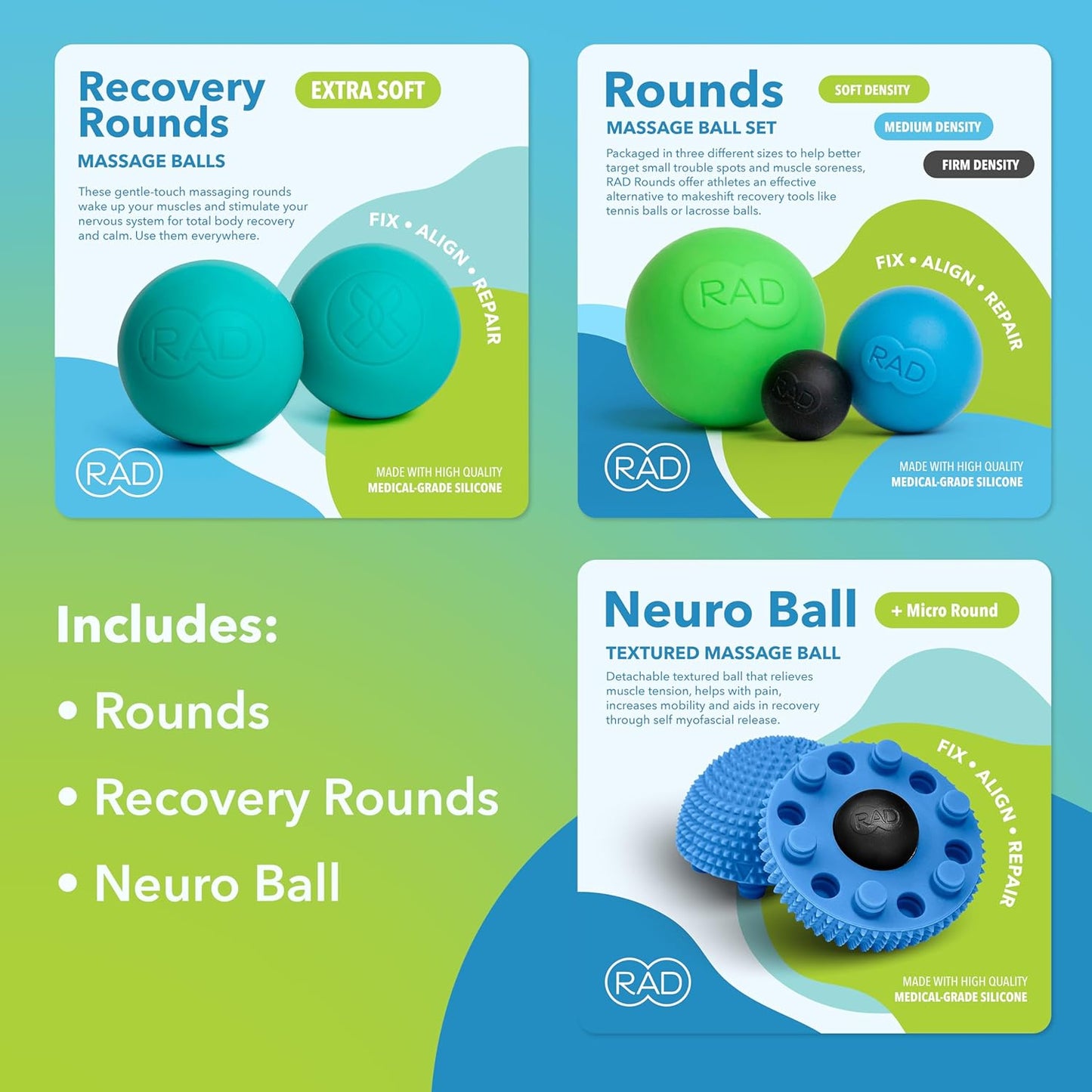 RAD All-in Kit 7-in-1 Foam Roller Set for Whole Body Massage & Myofascial Release with Roller Stick, Yoga Block, Massage Balls Muscle Recovery Tools for Mobility & Flexibility