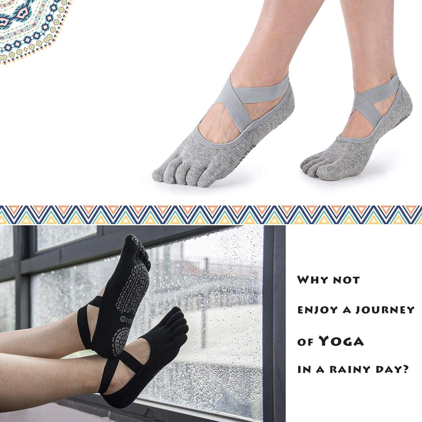 Ozaiic Yoga Socks for Women with Grips, Non-Slip Five Toe Socks for Pilates, Barre, Ballet, Fitness