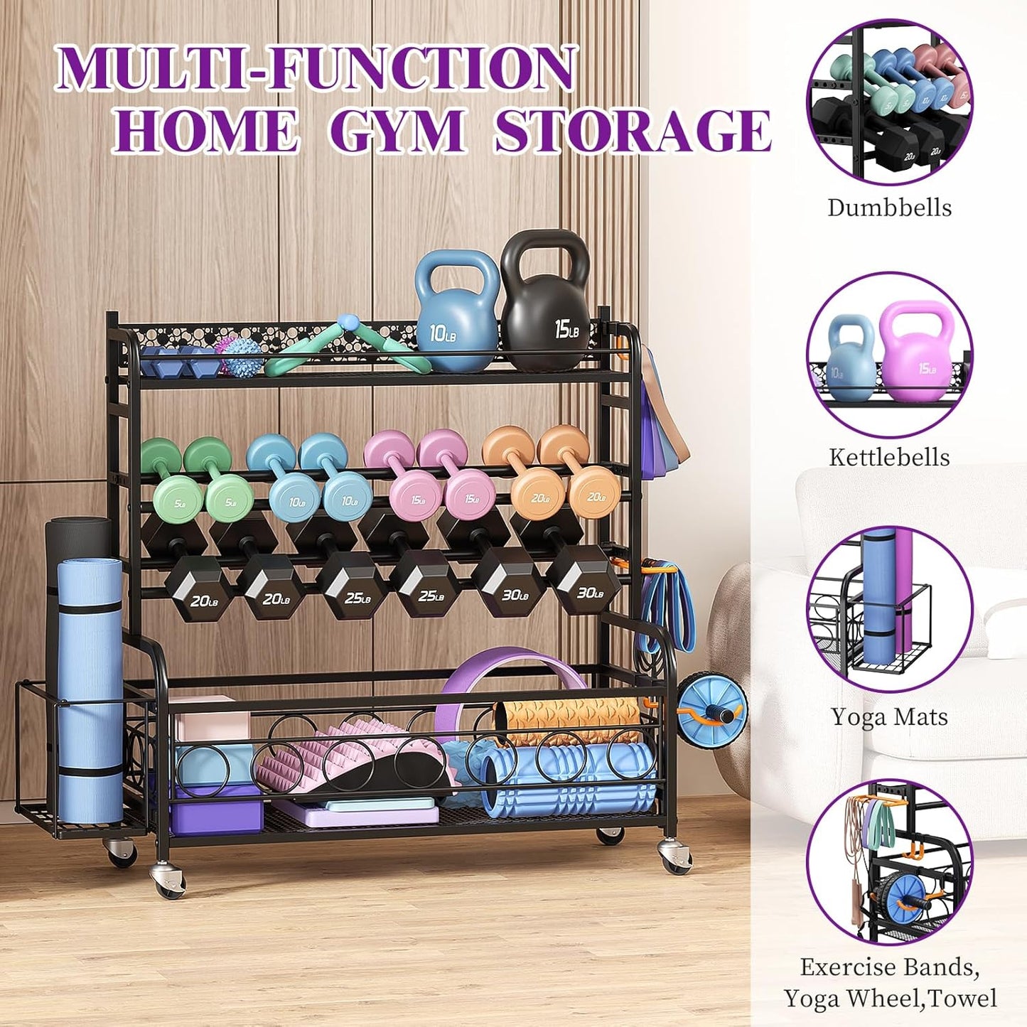 400LBS Dumbbell Rack, VOPEAK Adjustable Weight Rack for Home Gym, Home Gym Storage Rack for Yoga Mat Kettlebells and Strength Training Equipment, Weight Storage Rack for Dumbbells with Wheels